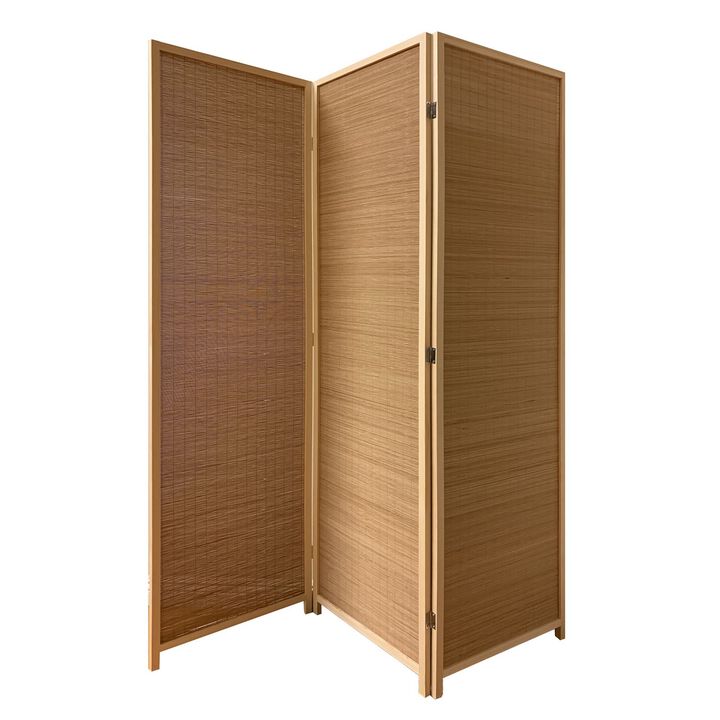 3 Panel Bamboo Shade Roll Room Divider, Natural Brown-Benzara