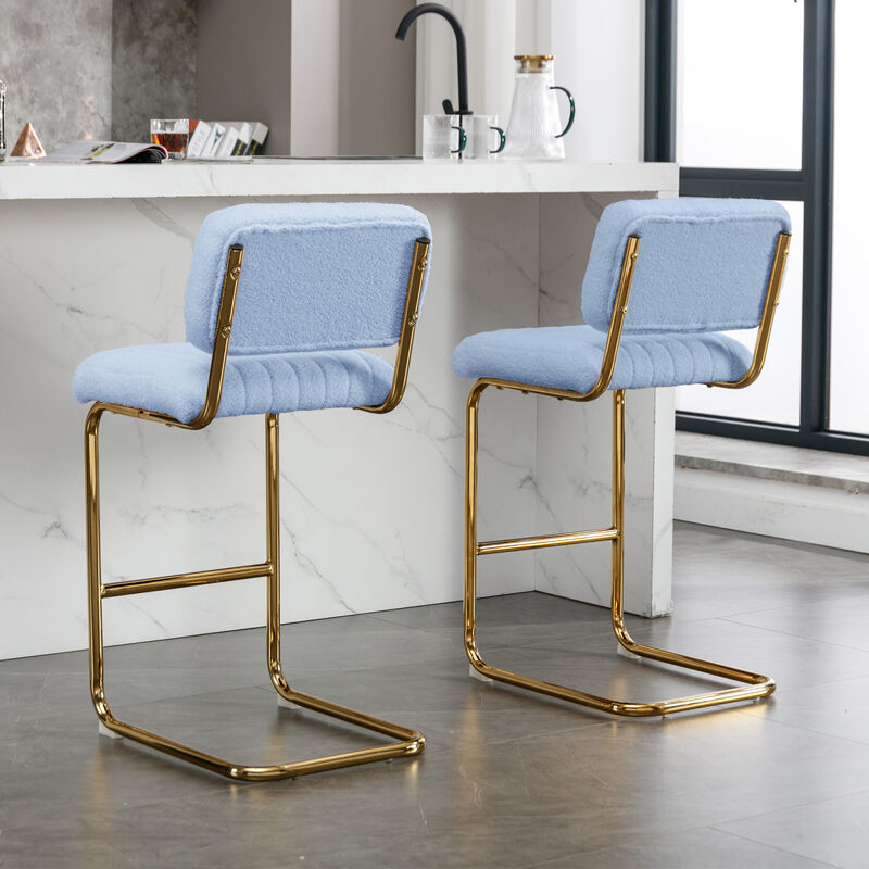 Mid-Century Modern Counter Height Bar Stools for Kitchen Set of 2, Armless Bar Chairs with Gold Metal Chrome Base for Dining Room, Upholstered Boucle Fabric Counter Stools, Blue