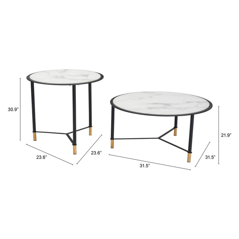 Hivvago Set of Two White and Black Faux Marble And Glass And Steel Round Bunching Coffee Tables