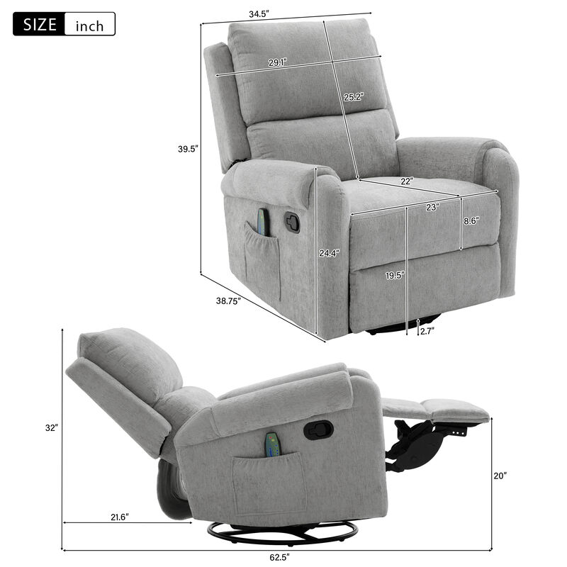 Merax Manual Swivel Rocker Massage Recliner Chair with Chenille Upholstery image number 4