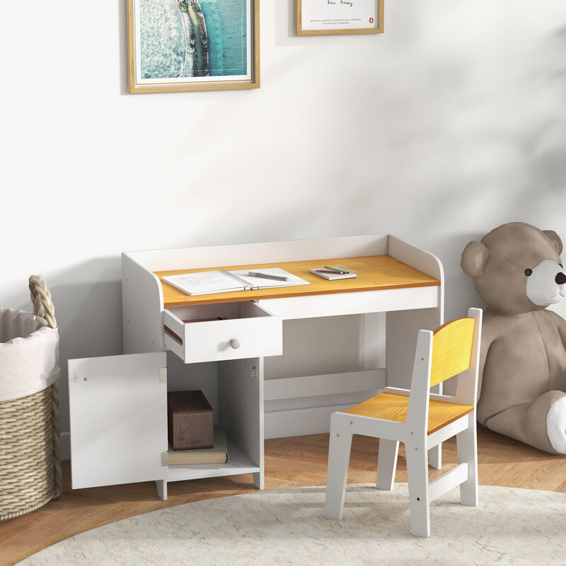Kids Desk and Chair Set with Storage, Study Desk with Chair, White
