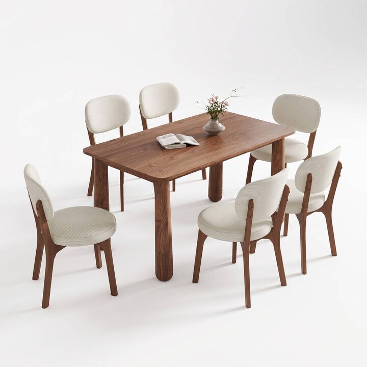 63" Solid Wood Dining Table Set with 6 Upholstered Chairs, rectangular dining room table set with sturdy wood frame, modern farmhouse dining furniture set