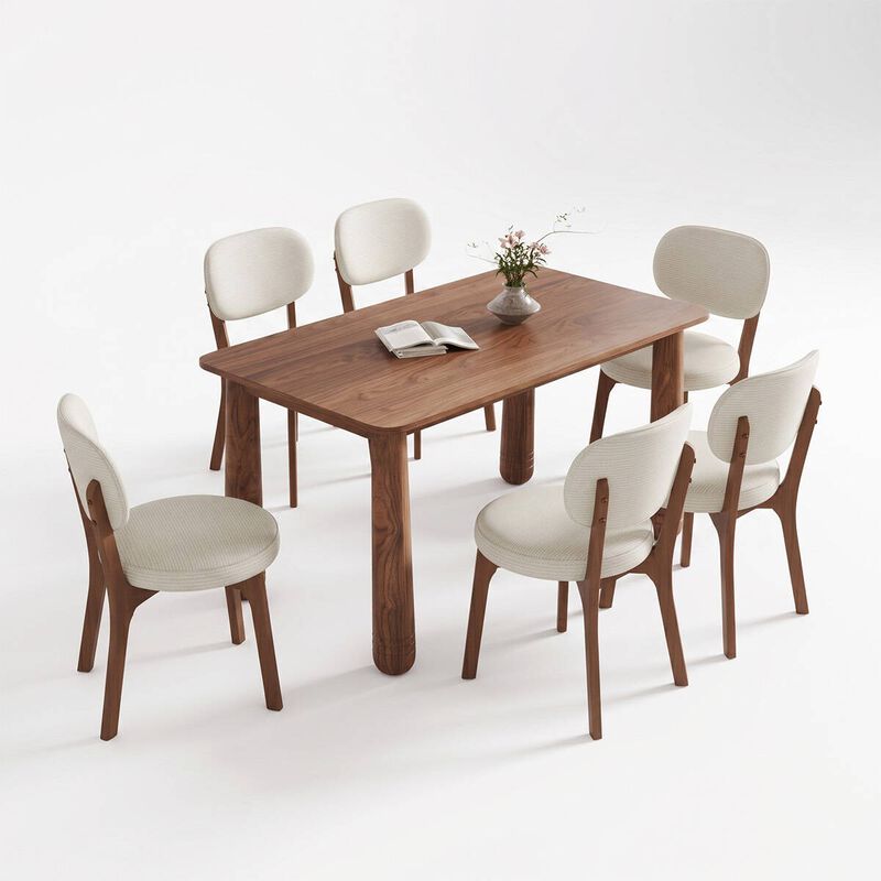 63" Solid Wood Dining Table Set with 6 Upholstered Chairs, rectangular dining room table set with sturdy wood frame, modern farmhouse dining furniture set image number 0