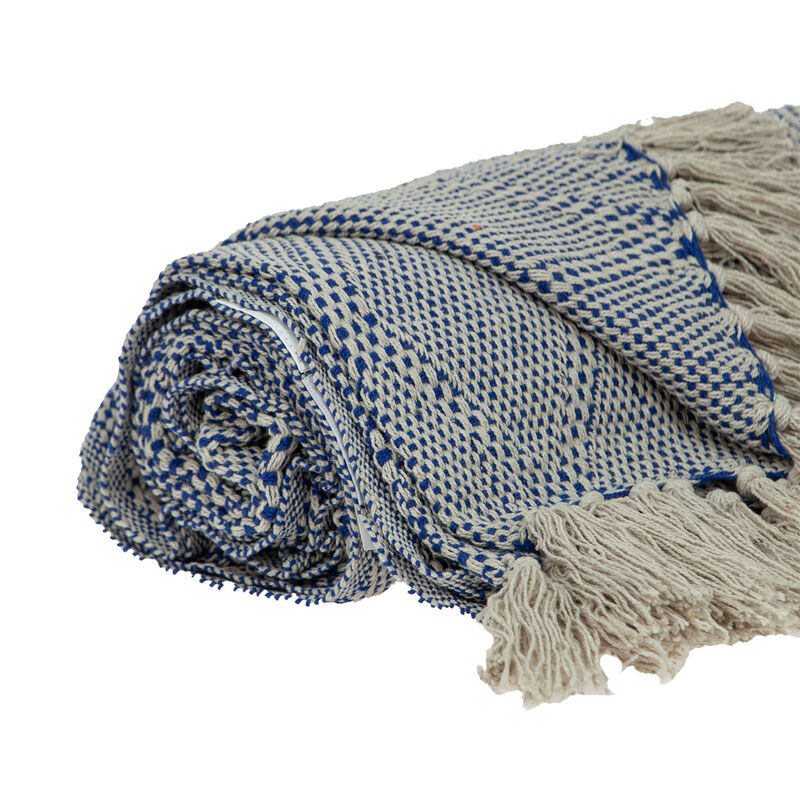 HomeRoots Blue and Beige Woven Handloom Throw with Tassels image number 2