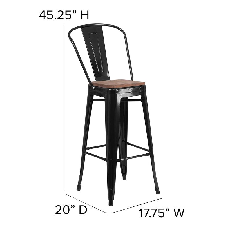 Flash Furniture Lily 30" High Black Metal Barstool with Back and Wood Seat