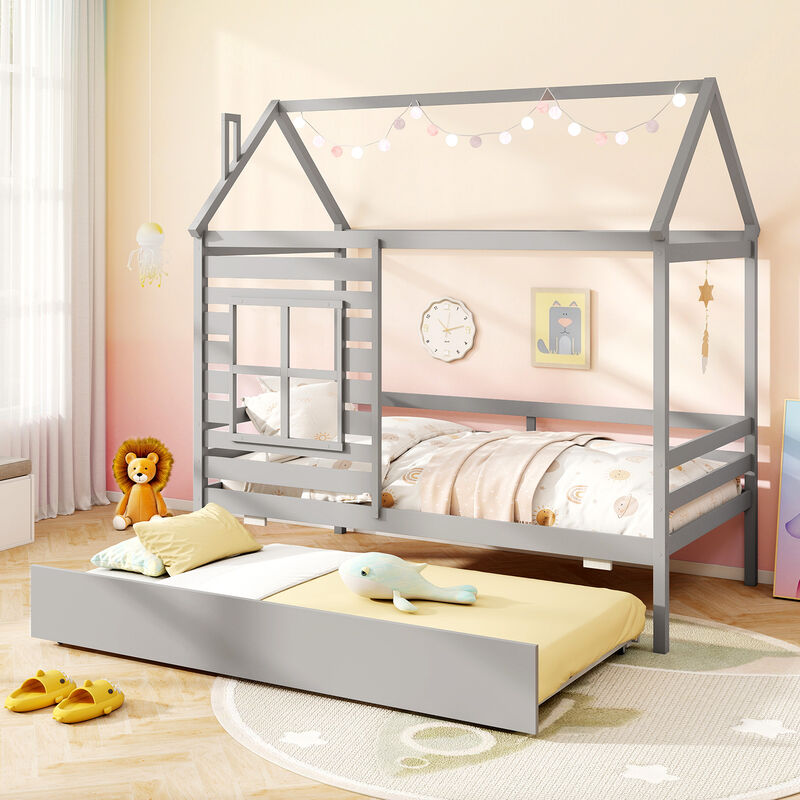 Kids Wood Bed with Roof Canopy and Slide-Out Trundle