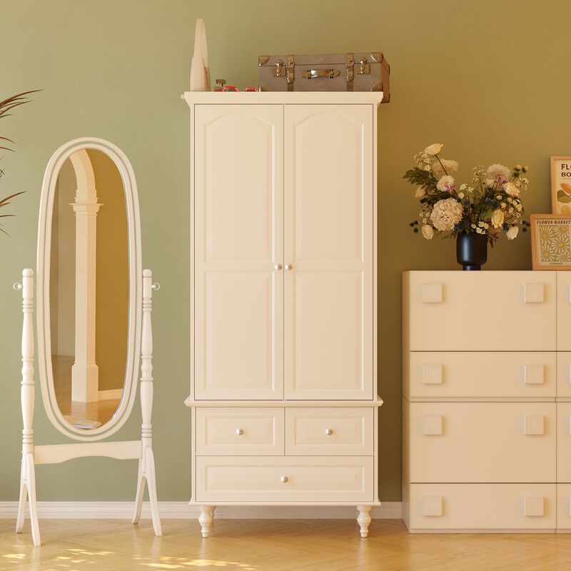 White Paint Wood 2-Door Armoires with Hanging Rod, 3-Drawers, Adjustable Shelves 70.9 in. H x 31.5 in. W x 19.7 in. D
