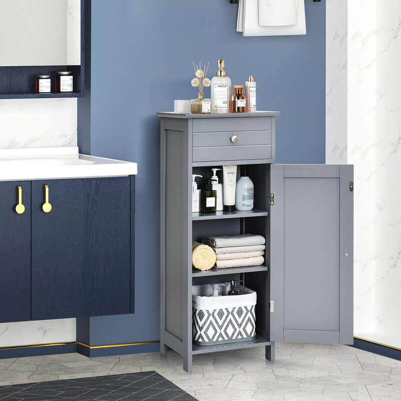 Costway Bathroom Floor Cabinet Storage Organizer Free-Standing w/ Drawer Grey