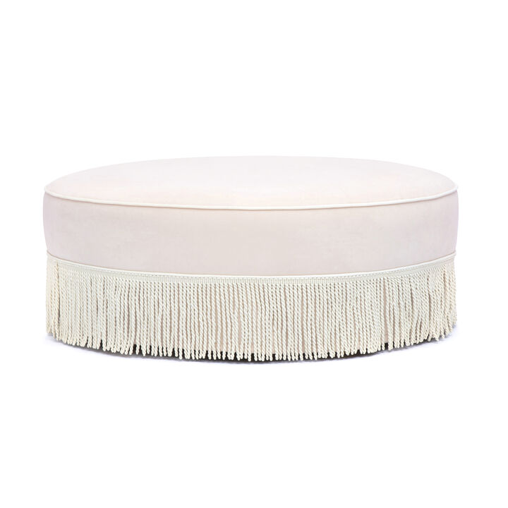 Tassy Neutral Floral Tasseled Round Ottoman