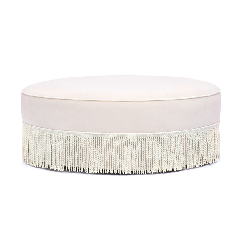 Tassy Neutral Floral Tasseled Round Ottoman image number 0