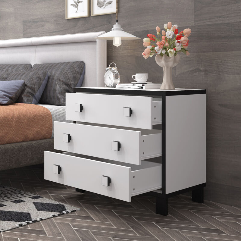 FUFU&GAGA 3-Drawer Modern Nightstand with Black and White Finish, Wooden Handles, and Spacious Storage (31.5" W x 15.6" D x 27.6" H)，White