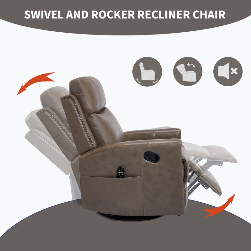 Gnuine Leather Heat Massage Manual Recliner Chair with Rocker and Swivel image number 8