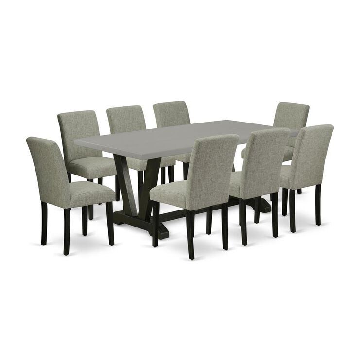 East West Furniture 9-Pc Dinette Room Set - 8 Kitchen Parson Chairs and 1 Modern Rectangular Cement Kitchen Table Top with High Chair Back - Wire Brushed Black Finish