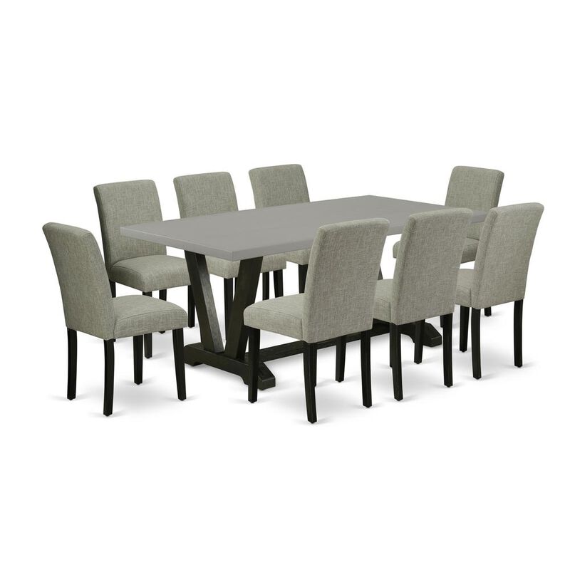 East West Furniture 9-Pc Dinette Room Set - 8 Kitchen Parson Chairs and 1 Modern Rectangular Cement Kitchen Table Top with High Chair Back - Wire Brushed Black Finish