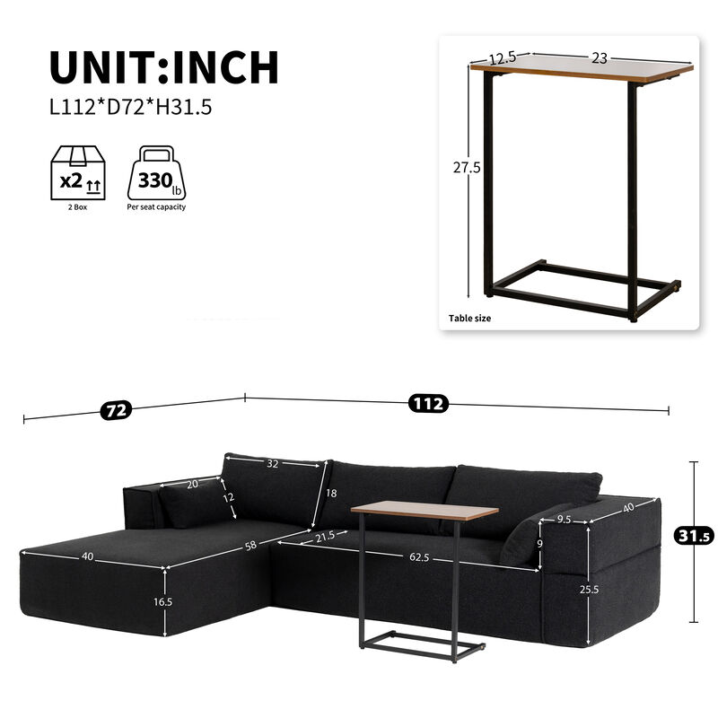 Whisen 112"Modular Sectional Sofa with Free Side Table,Wide Seat,Fully Compressed,Wrinkle-resistant Boucle Fabric Couch with Chaise,Free Combination,L-Shaped Sofa