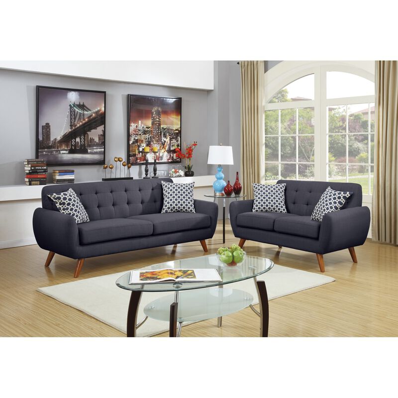 Ash Black Polyfiber Sofa And Loveseat 2pc Sofa Set Living Room Furniture Plywood Tufted Couch Pillows
