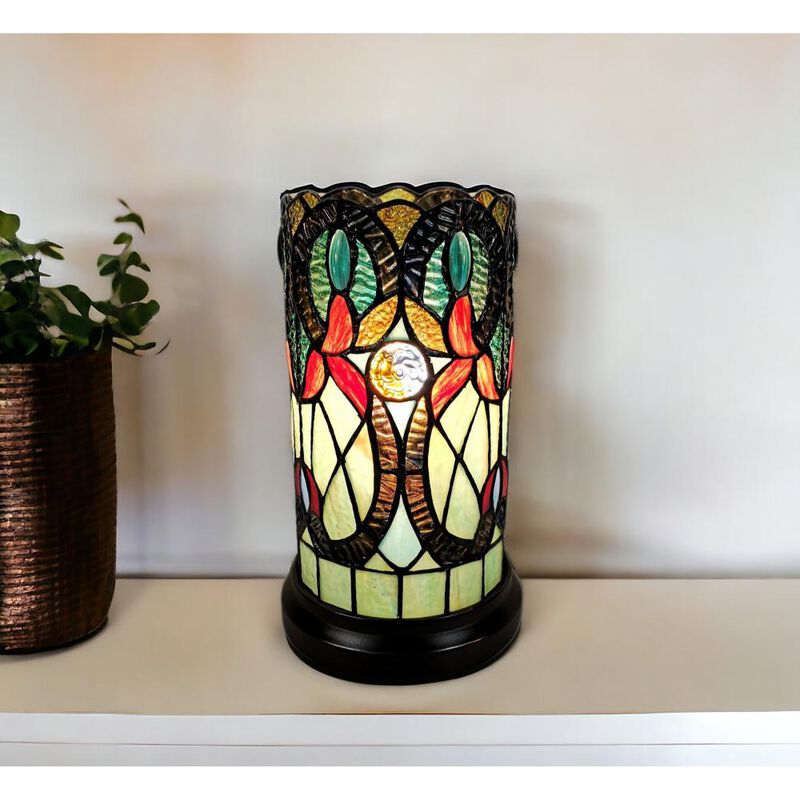 Hivvago 11" Beige and Orange Mosaic Tile Stained Glass Accent Lamp