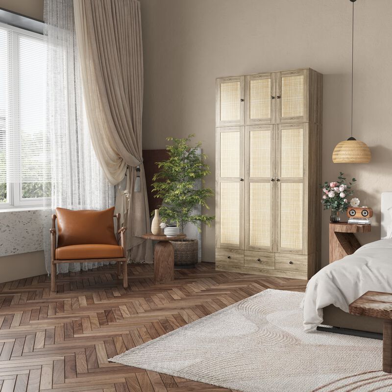 FUFU&GAGA Natural Wood Wardrobe with Shelves, Drawers, and Hanging Space, (47.2" W x 18.9" D x 94.5" H)，Brown