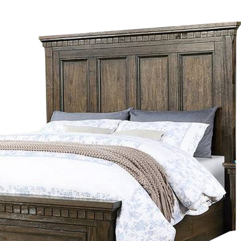 Ziv Classic Wood Queen Size Bed with Storage Drawers, Metal Handles, Brown - Benzara