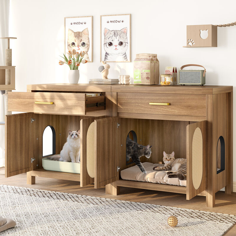 Whisen 31.5" Pet Furniture, Cat Litter Box Enclosure with Sisal Scratcher, MDF Hidden Litter Cabinet with Drawer image number 2
