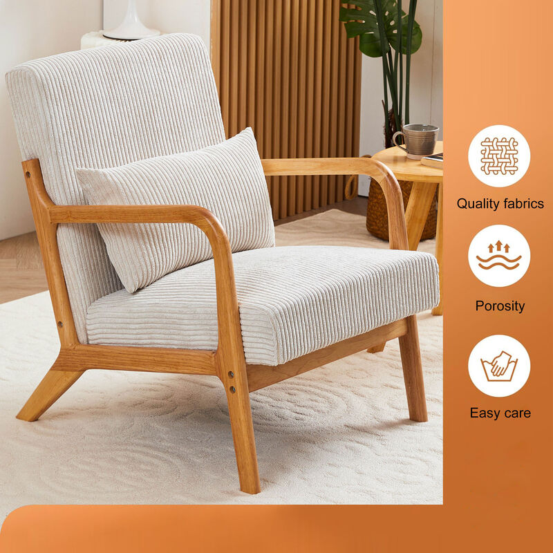 Mid-Century Modern Accent Chair with Pillow, Upholstered Lounge Chair with Solid Wood Frame and Armrests for Living Room Bedroom Reading Nook image number 7