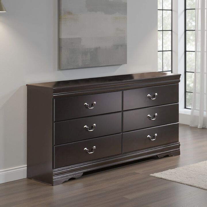 Yara Wide Dresser, Classic Black Finish, 6 Drawers, Pewter Handles