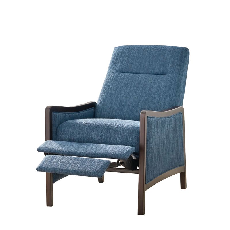 Reina Push Back Recliner Chair, Brown Birch Wood, Navy Blue Fabric - Benzara