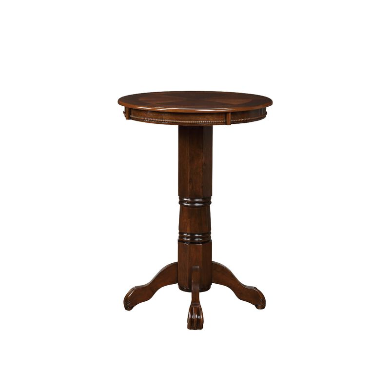 Ava 42 Inch Wood Pub Bar Table, Sunburst Design, Carved Pedestal, Cappuccino