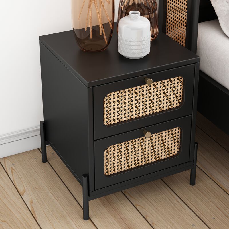 Modern Cannage Rattan Wood Closet 2-Drawer Side Table End Table Nightstand for Bedroom, Living Room, Entryway, Hallway, Black