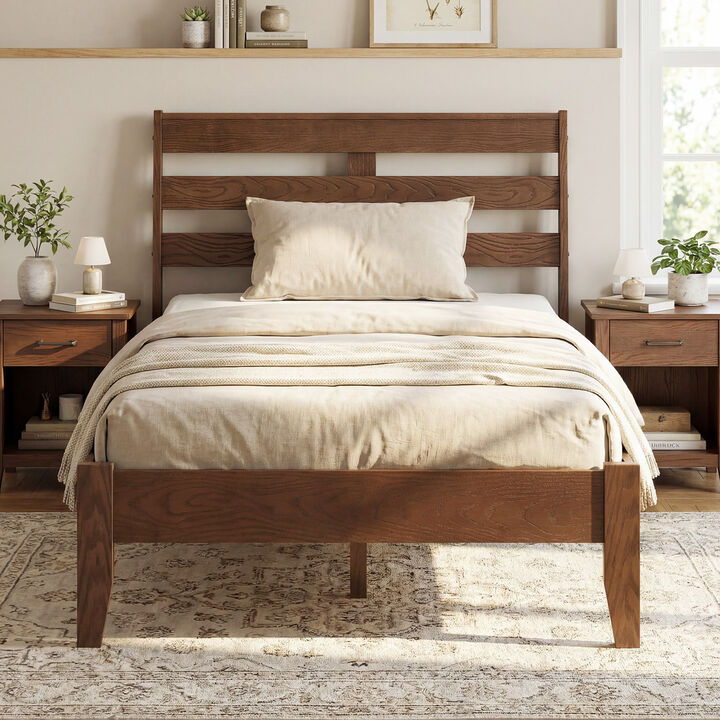 Twin Wooden Platform Bed Frame with Slatted Headboard Design