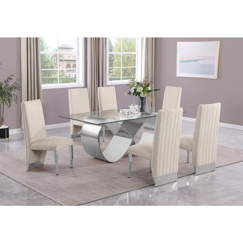 Best Quality Furniture 7Pc Tempered Glass Dining Set With 6 Cream Boucle Side Chairs And A Silver Base