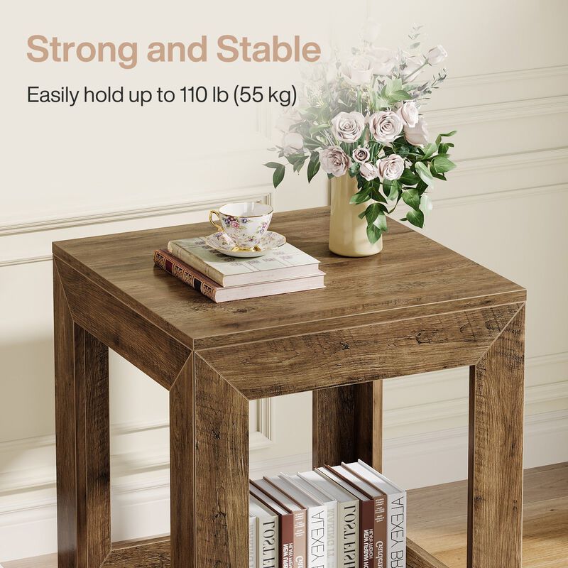 Side Table Nightstand, Square End Table with 2-Tier Storage Shelf-Brown image number 7