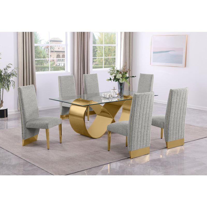 Best Quality Furniture 7Pc Tempered Glass Dining Set 6 Rich Gray Boucle Side Chairs And A Gold Base