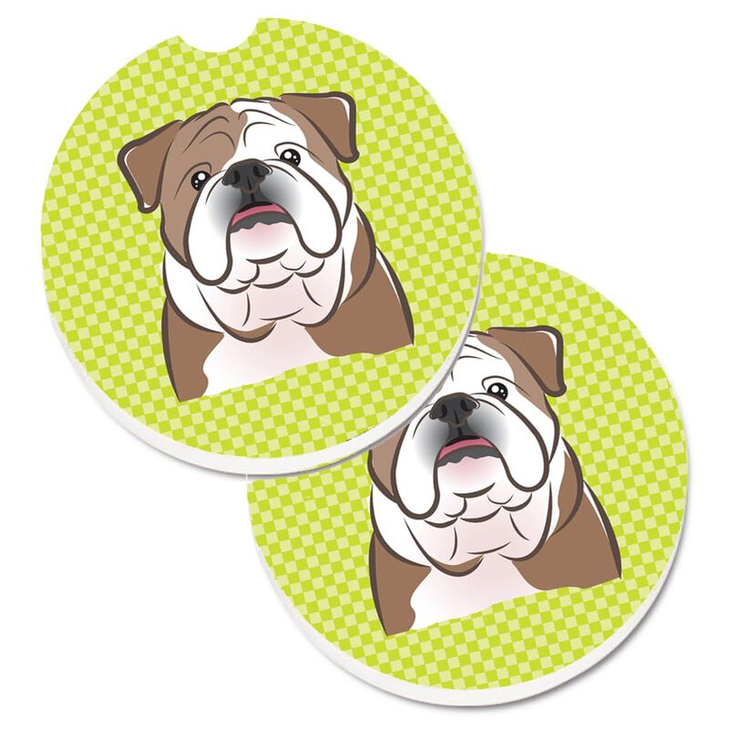 Caroline's Treasures Checkerboard Lime green English Bulldog Set of 2 Cup Holder Car Coasters BB1281CARC, 2.56, Multicolor