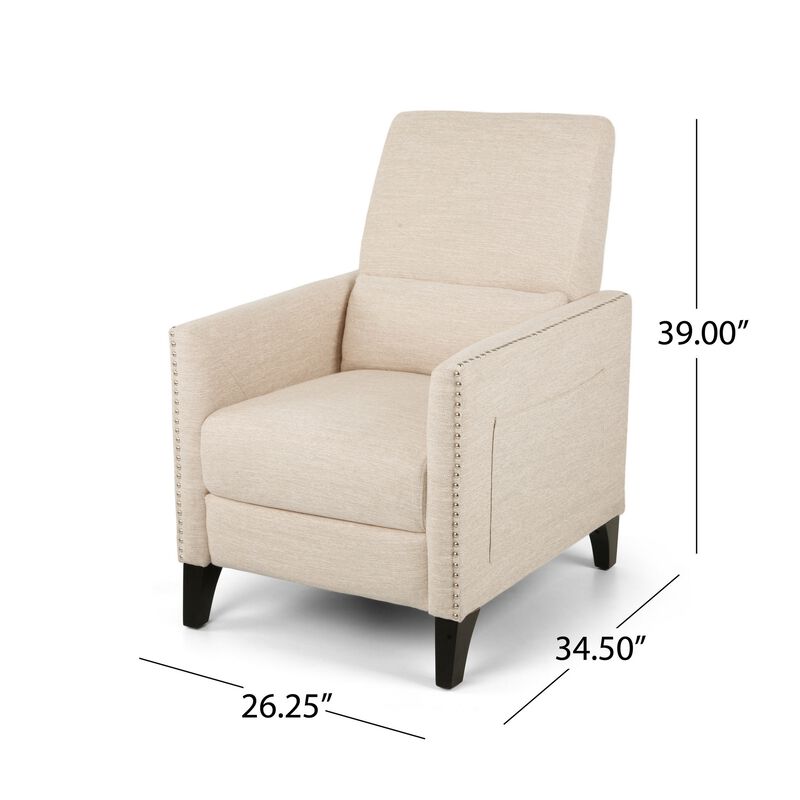 Push Back Manual Recliner Chair, Nailhead Trim Accent, Beige Fabric - Benzara