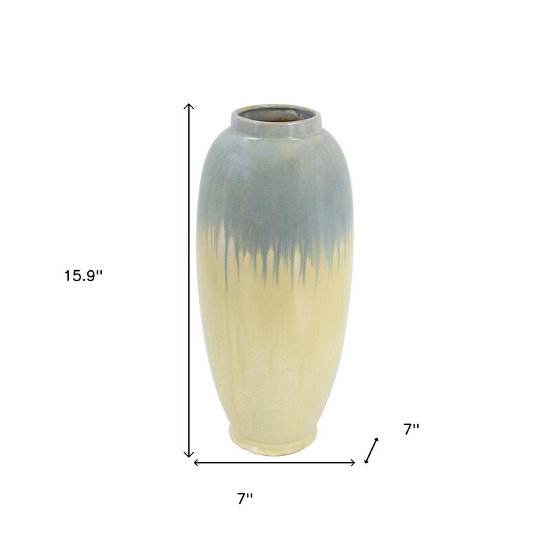 HomeRoots 16" Blue And Cream Reactive Glaze Ceramic Cylinder Table Vase image number 5