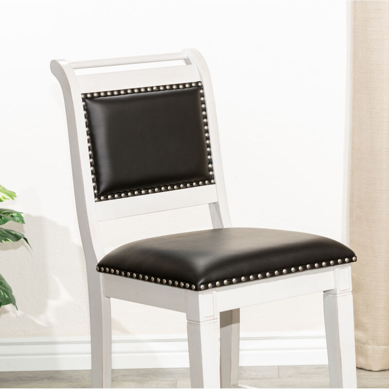 24" Counter Stool, Antique White Finish, Black Leather Seat