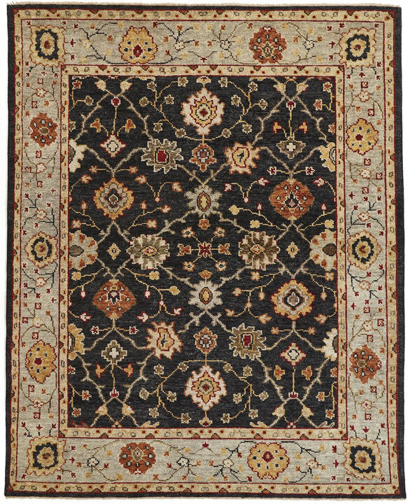 2 X 3 Black gold And gray Wool Floral Hand Knotted Stain Resistant Area Rug With Fringe