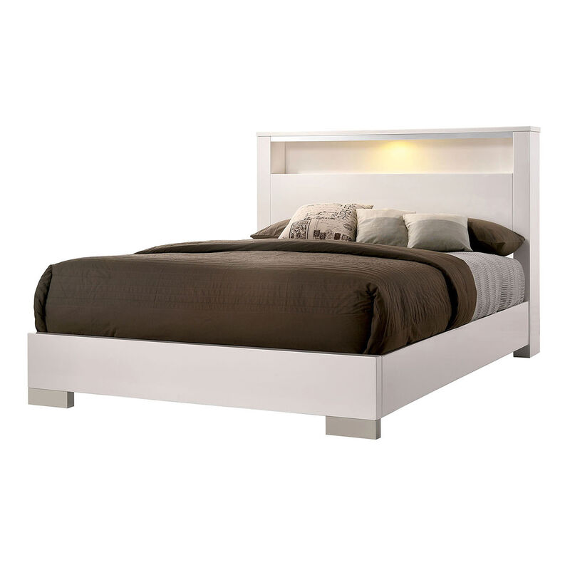 Cari Four Pc King Bedroom Set, LED Headboard with Shelf, White Wood, Chrome Stripes - Benzara