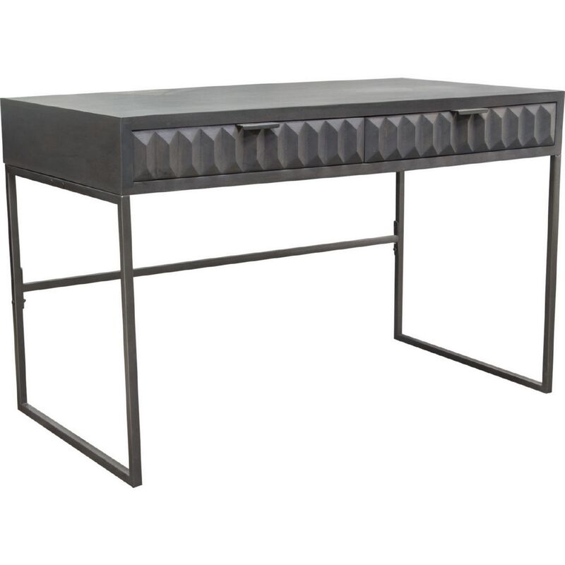 Fiva 47 Inch 2 Drawer Desk, Embossed Geometric Patterns, Smoke Gray Wood - Benzara
