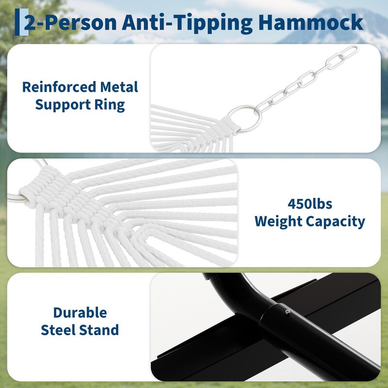 12FT Double Hammock with Heavy-Duty Stand &ndash; 2 Person, 450 lbs, Weather-Resistant Fabric, Hardwood Bar & Carry Bag image number 2