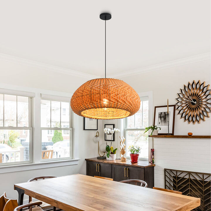 18.9" Farmhouse Handwoven Rattan Caged Light Brown Pendant Light for Living Room, Dining Room and Kitchen Island