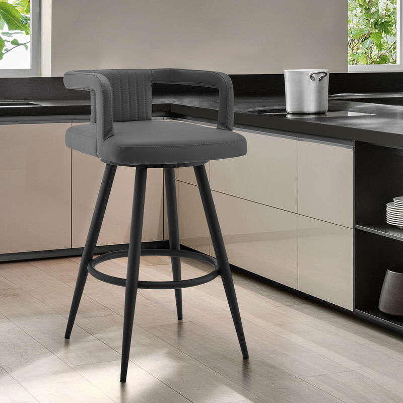 Gabriele  Gray Faux Leather and Black Metal Swivel Bar Stool image number 1