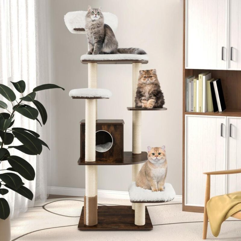 Hivvago 7-Layer Wooden Cat Tree Tall Cat Tower with Sisal Posts and Condo