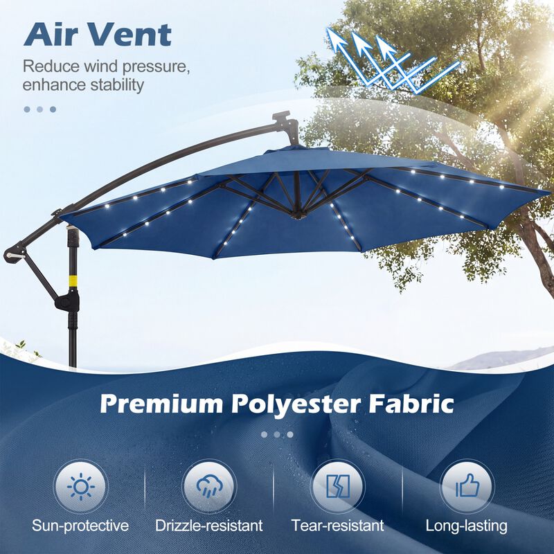 Clihome 10 ft. Solar LED Cantilever Patio Umbrella in Navy with 32 Lights, 360 Rotation, Sandbags Included Clihome 10 ft. Solar LED Cantilever Patio Umbrella in Navy with 32 Lights, 360 Rotation, Sandbags Included