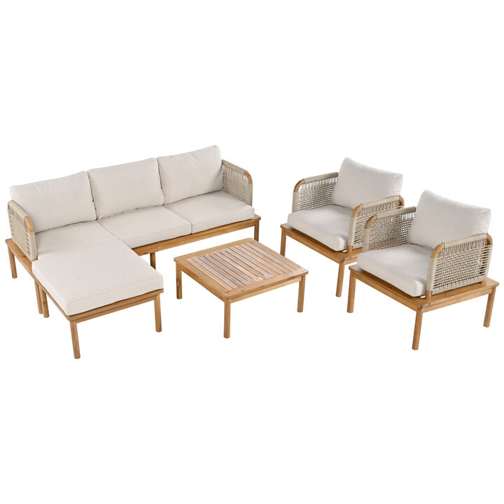 Christopher Knight Home Allaun Outdoor 5 Pieces Rustic Acacia Wood and Rope Weave Upholstered Seating Set