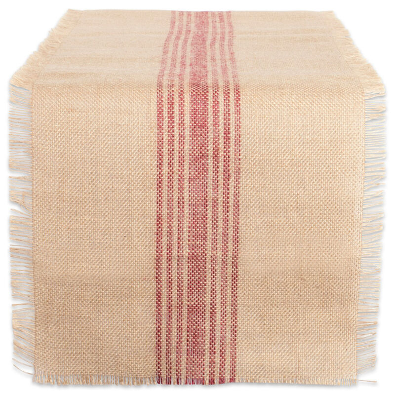 108" Brown and Red Middle Striped Burlap Table Runner