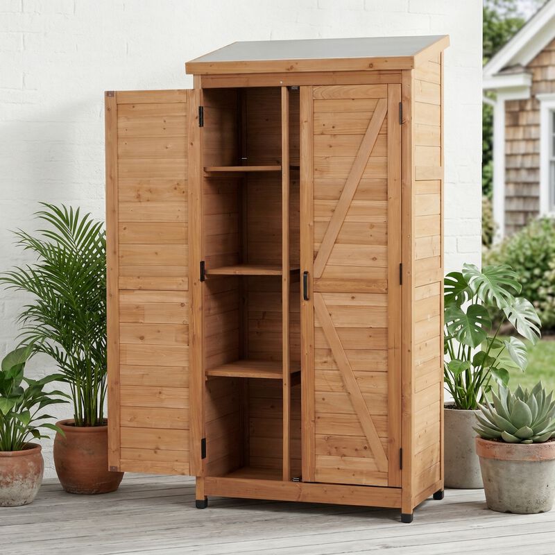 WOW PIONEER Spacious Tall Vertical Outdoor Wooden Storage Shed with Sloped Metal Top for Backyard Garden Patio Lawn Tool and Supply Organization image number 5