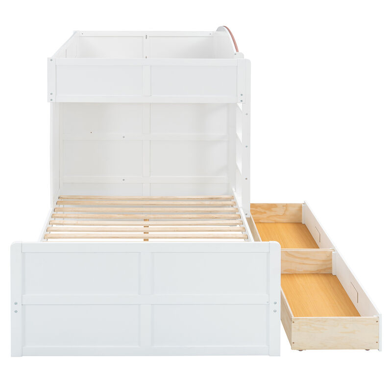 Whisen 136" Full Size Offset Bunk Bed with Wardrobe & 2 Drawers, Upholstered Guardrail, MDF Plywood Space Saving Loft Bed for Kids Bedroom image number 6