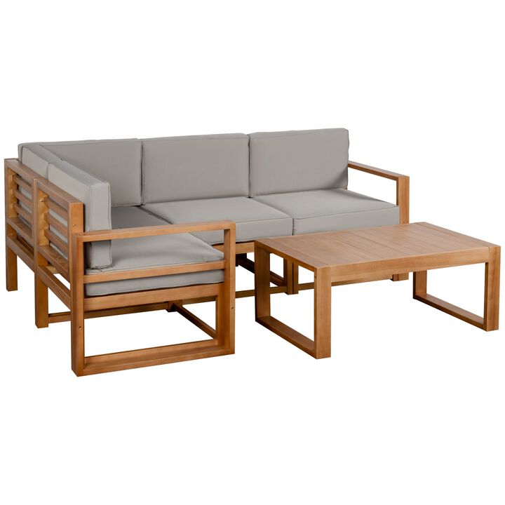 5 Seater L Shaped Patio Furniture Set, Wood Outdoor Sectional Sofa Conversation Set with Coffee Table and Cushions for Garden, Grey